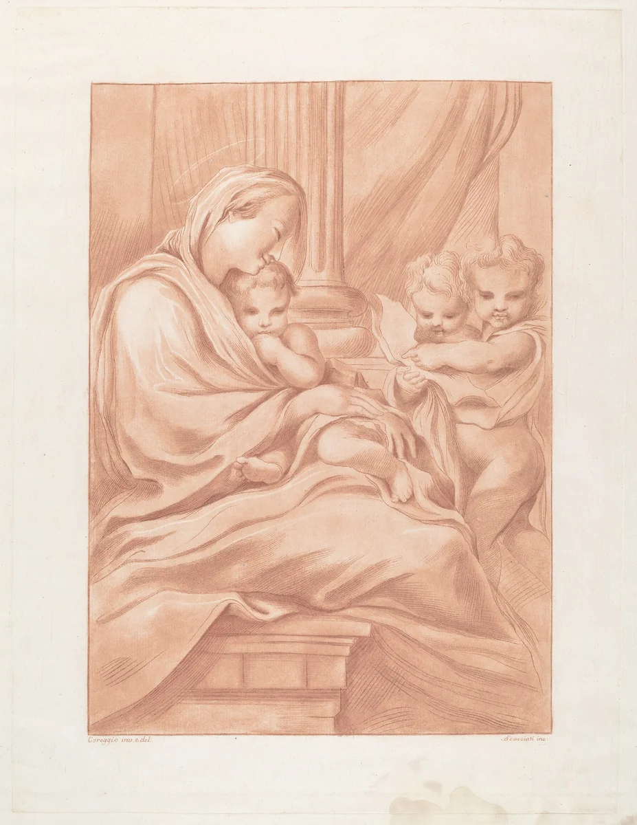 Virgin and Child with Two Angels by Andrea Scacciati, print, 1761-1771