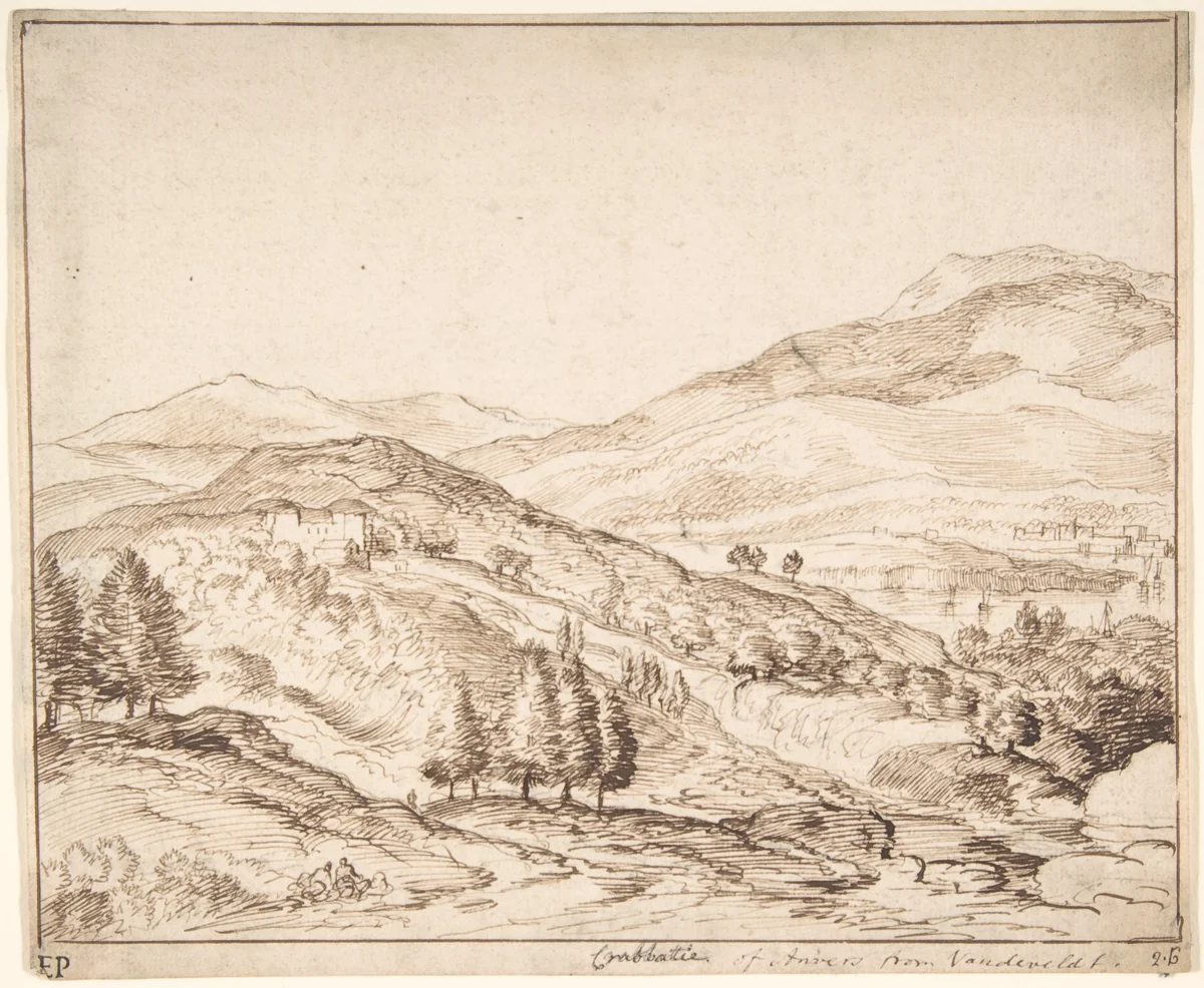 Mountainous River Landscape by Jacob Esselens, drawing, 1635-1687