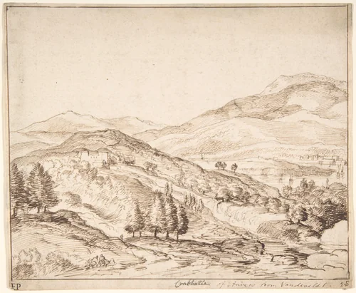 Mountainous River Landscape by Jacob Esselens, drawing, 1635-1687