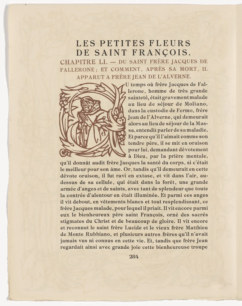 Pictorial initial (page 284) from Les Petites Fleurs de St. François (The Little Flowers of St. Francis) by Émile Bernard, illustrated book, 1928