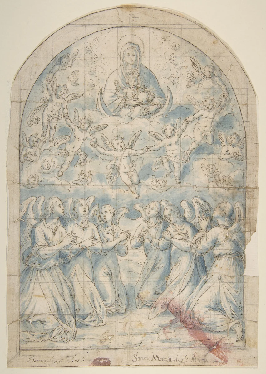 Madonna and Child in Glory Adored by Angels by Bernardino Rodriguez, drawing, 1600-1650