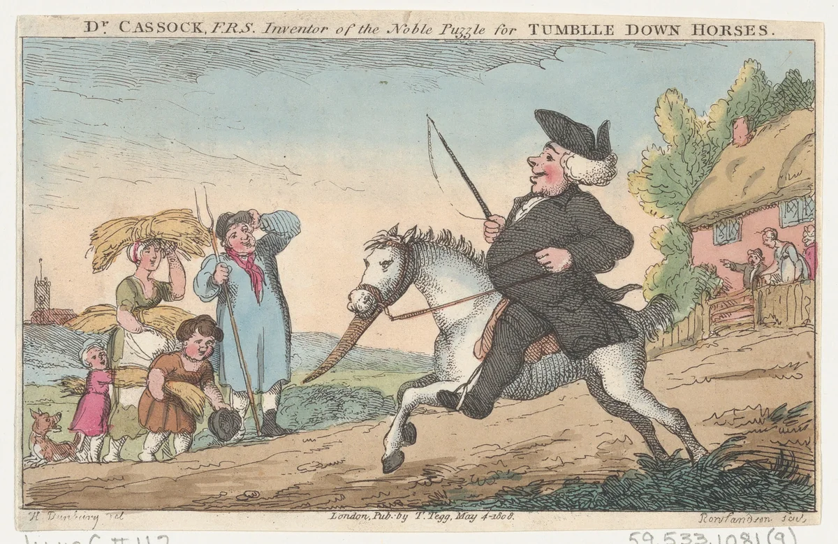 Dr. Cassock, F.R.S., Inventor of the Noble Puzzle for Tumble Down Horses by Thomas Rowlandson, print, 1808
