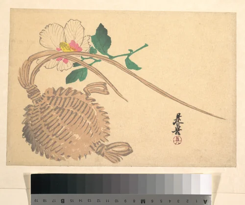 Straw Basket for Fish (?) and Mokuge Flower by Shibata Zeshin (柴田是真), print, 1865-1885