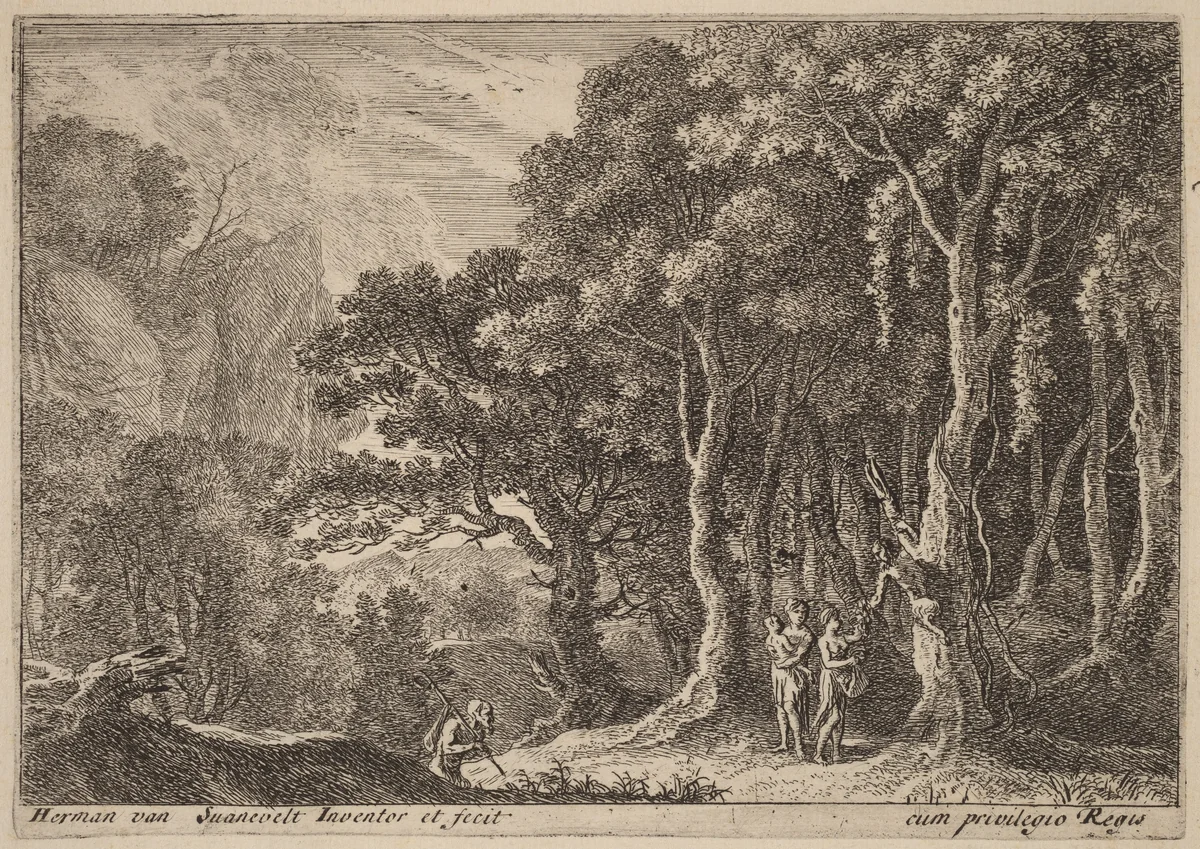 A Satyr Gathering Fruit by Herman van Swanevelt, print, 1600-1655