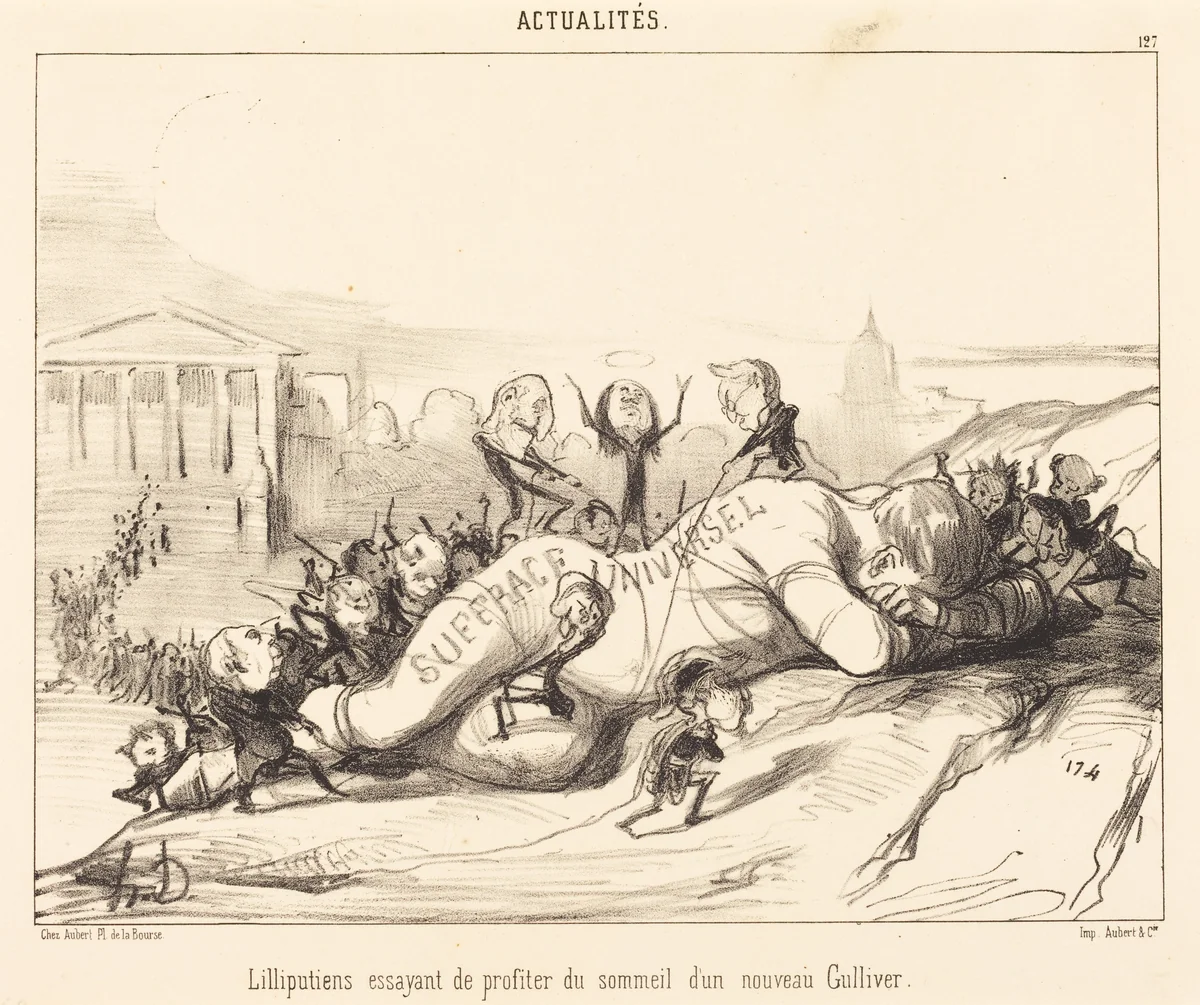 Lilliputiens essayant de profiter du sommeil... by Honoré Daumier, print, 1850