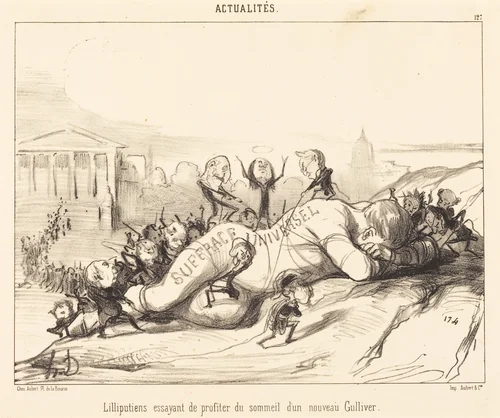 Lilliputiens essayant de profiter du sommeil... by Honoré Daumier, print, 1850