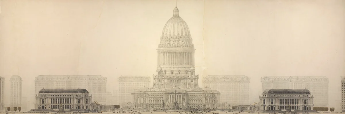 Plate 131 from The Plan of Chicago, 1909: Chicago. Elevation Showing the Group of Buildings Constituting the Proposed Civic Center. by Daniel Hudson Burnham, drawing, 1909