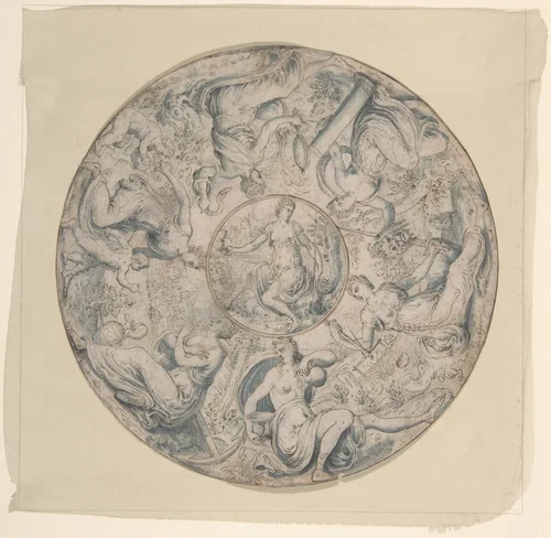 The Seven Virtues in a Roundel, with Faith at the Center by Jan Collaert, drawing, 1550-1581