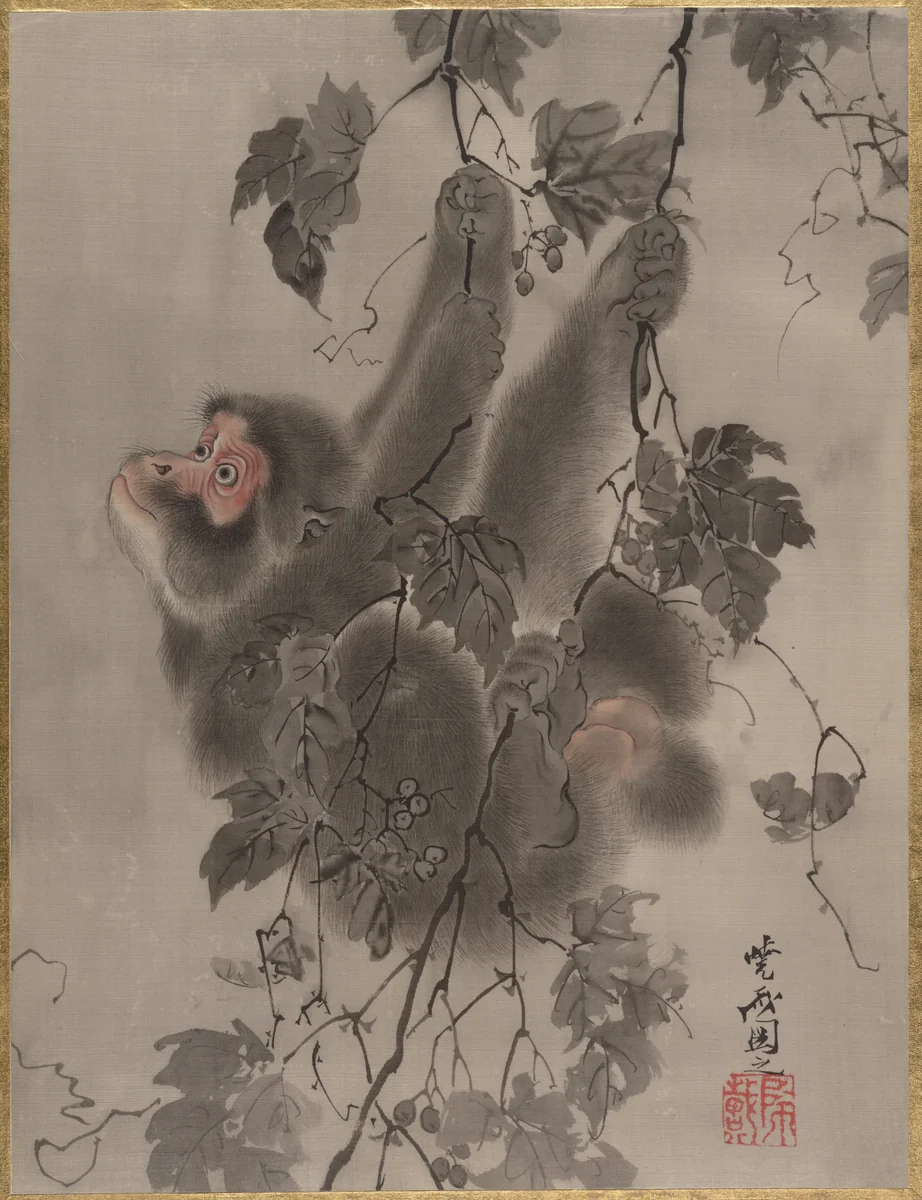 Monkey Hanging from Grapevines by Kawanabe Kyōsai (河鍋暁斎), painting, 1877-1897