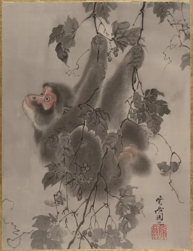 Monkey Hanging from Grapevines by Kawanabe Kyōsai (河鍋暁斎), painting, 1877-1897