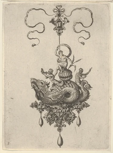 Pendant Design with a Sea Monster Carrying a Woman on a Shell Flanked by a Triton and a Man with an Oar by Adriaen Collaert, print, 1582