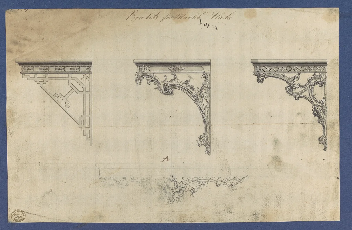 Brackets for Marble Slabs, in Chippendale Drawings, Vol. I by Thomas Chippendale, drawing, 1754