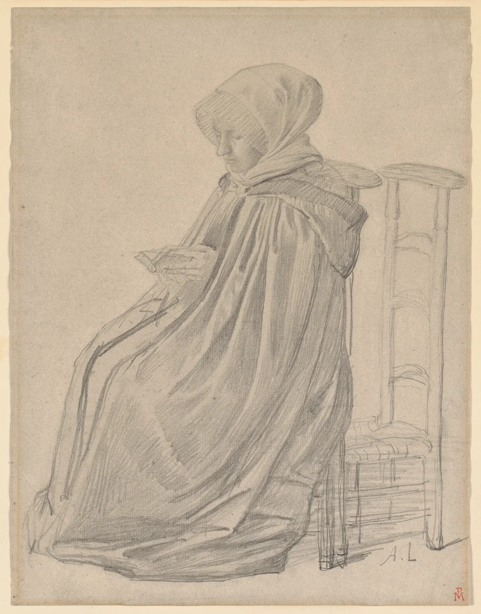 Seated Woman Reading, study for "Le Pélerinage" by Alphonse Legros, drawing, 1871
