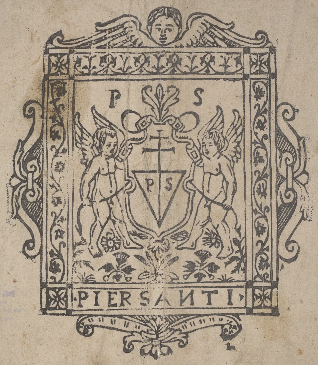 Two Putti with Shield Inscribed Pier Santi by None, print, 1500-1599