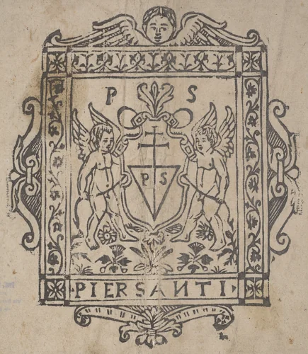 Two Putti with Shield Inscribed Pier Santi by None, print, 1500-1599