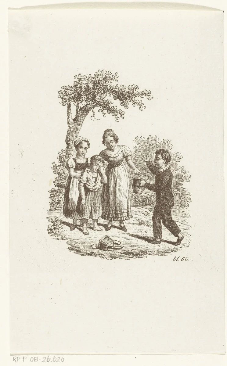 Meisje huilt om kapotte kruik en jongen geeft haar nieuw exemplaar by Johannes Best, print, 1807-1855