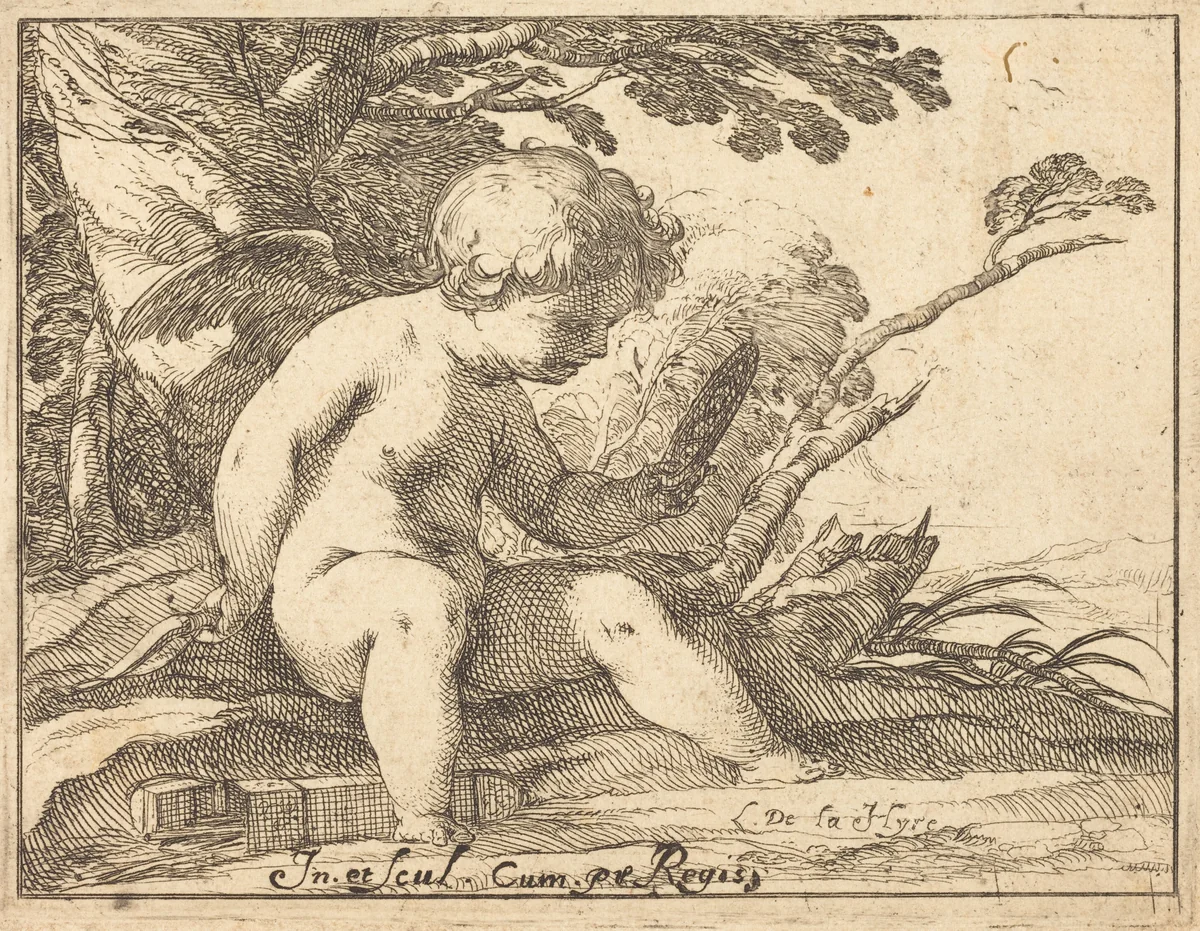 Cupid Looking in a Mirror by Laurent de La Hyre, print, 1606-1656