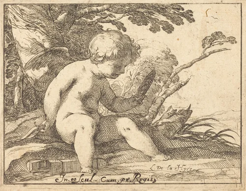 Cupid Looking in a Mirror by Laurent de La Hyre, print, 1606-1656