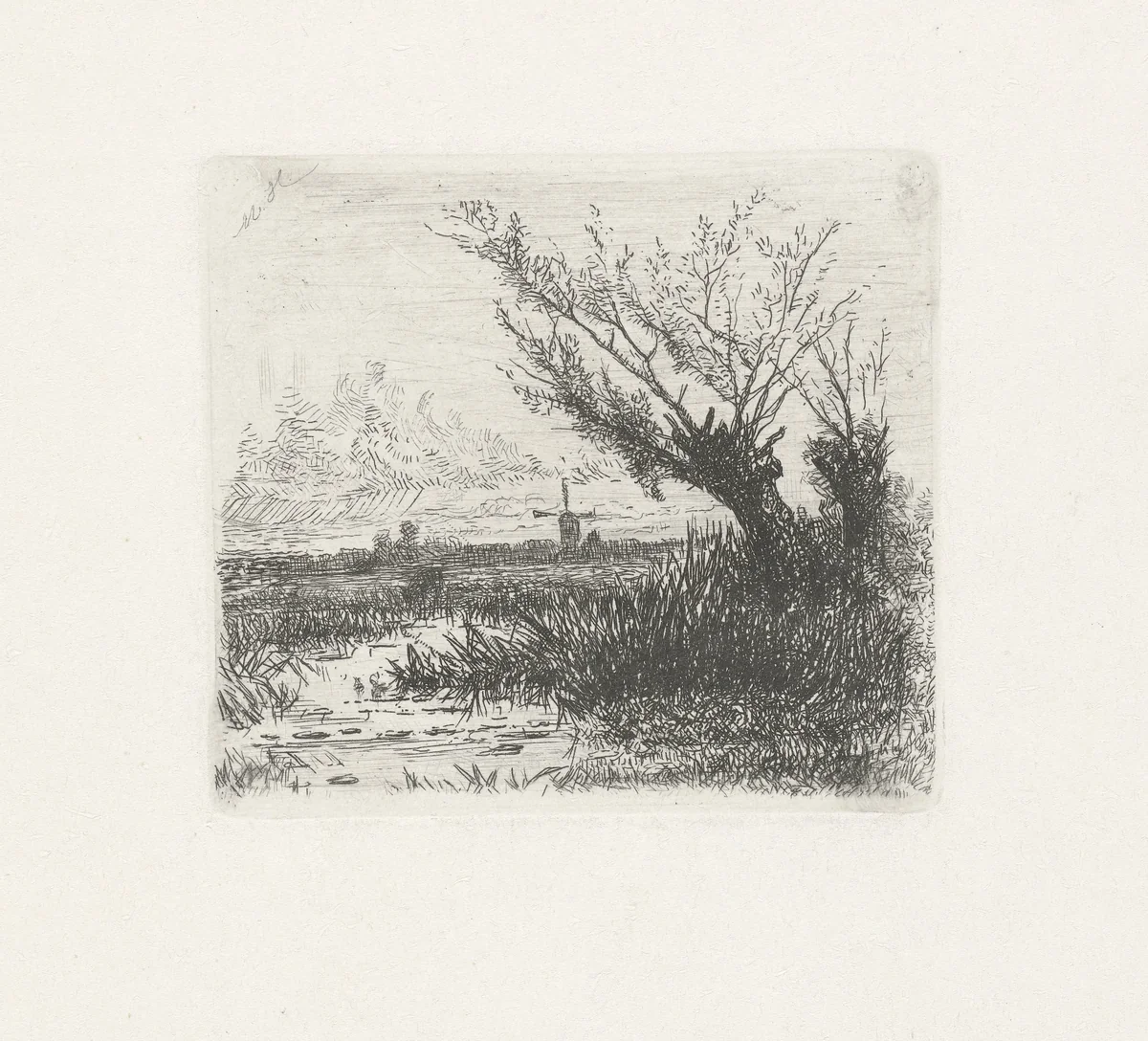 Knotwilgen langs een sloot by Marinus Heijl, print, 1846-1931