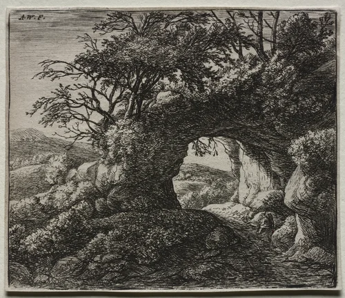 Four Landscapes: The Pierced Rock by Anthonie Waterloo, print, 1637-1690