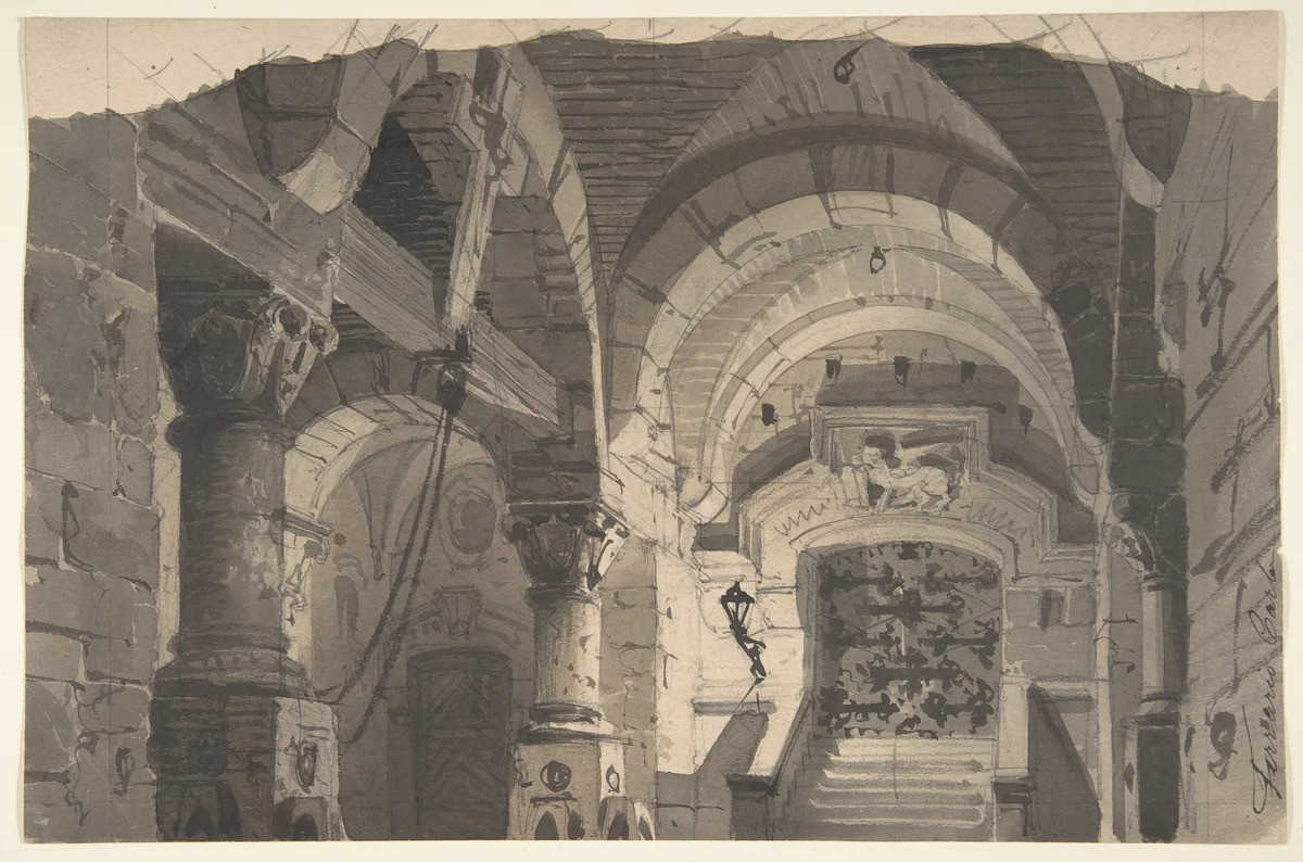 Design for a Stage Set of a Crypt (for the Opera 'La Morosina' ?) by Carlo Ferrario, drawing, 1833-1907
