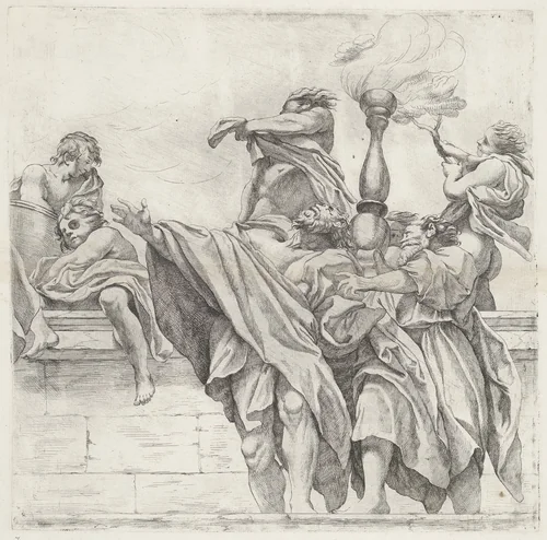 Twee apostelen en vijf engelen by Giovanni Battista Vanni, print, 1609-1660
