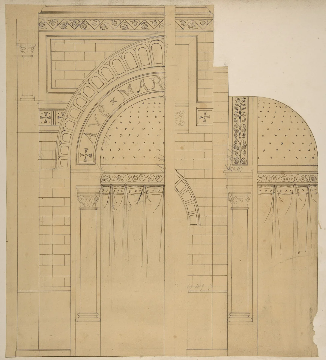 Elevation of a wall design, possibly for a chapel by Jules-Edmond-Charles Lachaise, drawing, 1845-1900