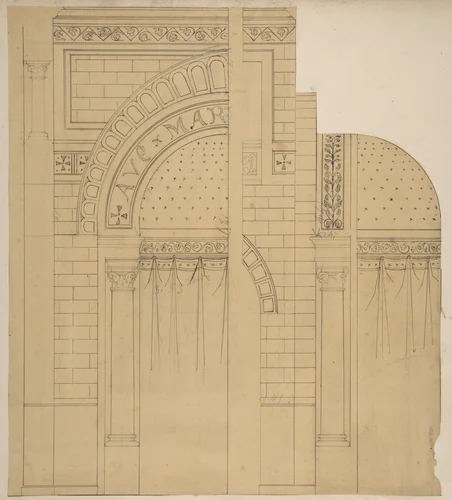 Elevation of a wall design, possibly for a chapel by Jules-Edmond-Charles Lachaise, drawing, 1845-1900