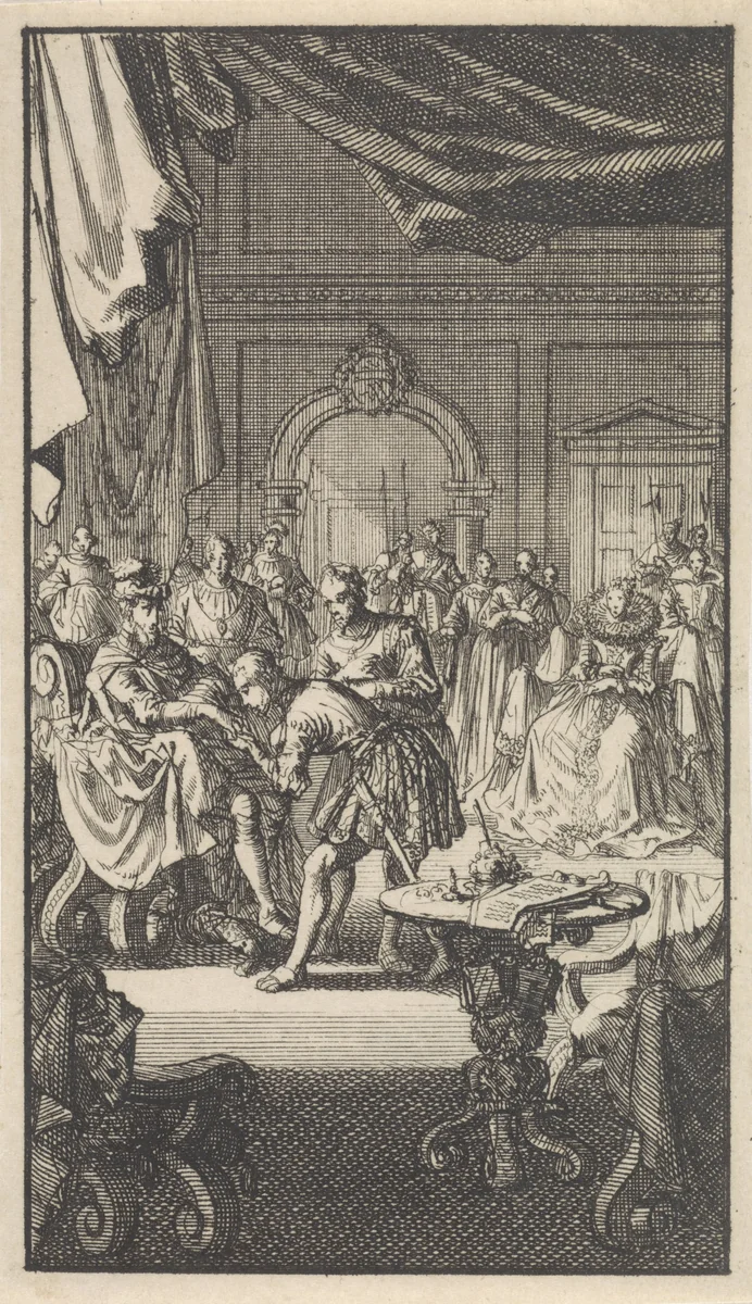 Overdracht van de Spaanse Nederlanden door Filips II aan Isabella Clara Eugenia, infante van Spanje, 1597 by Jan Luyken, print, 1699