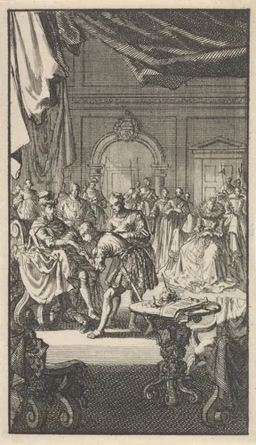 Overdracht van de Spaanse Nederlanden door Filips II aan Isabella Clara Eugenia, infante van Spanje, 1597 by Jan Luyken, print, 1699