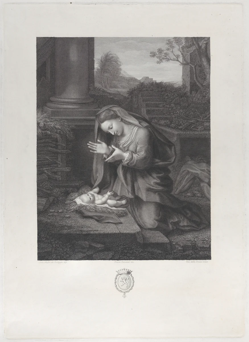 The Virgin adoring the Christ child by Vincenzo Della Bruna, print, 1824-1870
