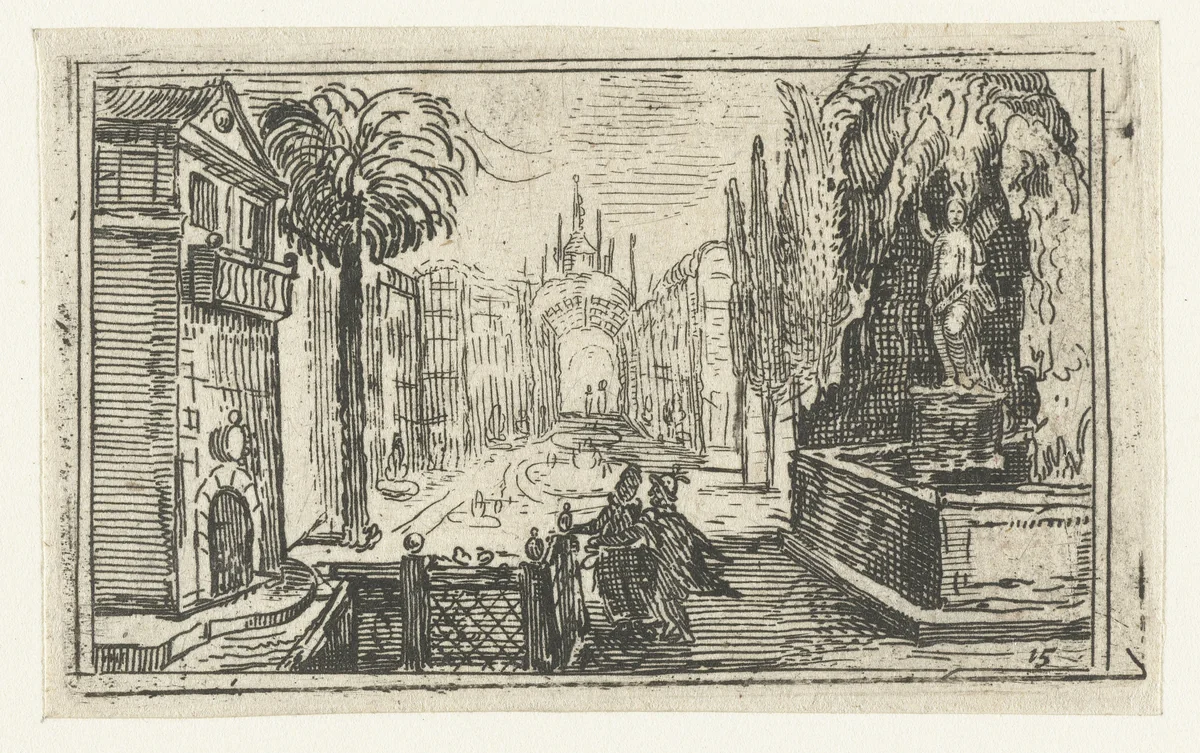 Tuin met fantasiearchitectuur, fonteinen en grot by anonymous, print, 1600-1699