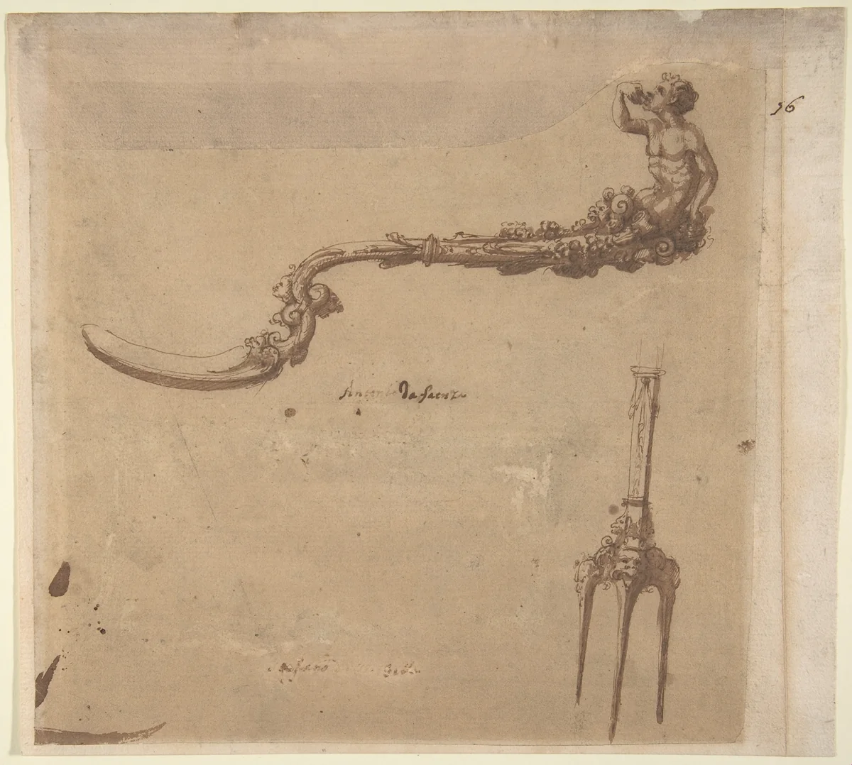Drawing (design for fork and spoon) by Antonio Gentili, drawing, 1575-1585