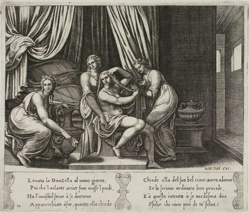 Nymphs Helping Psyche with Her Toilette by Raffaello Sanzio, print, 1530-1540