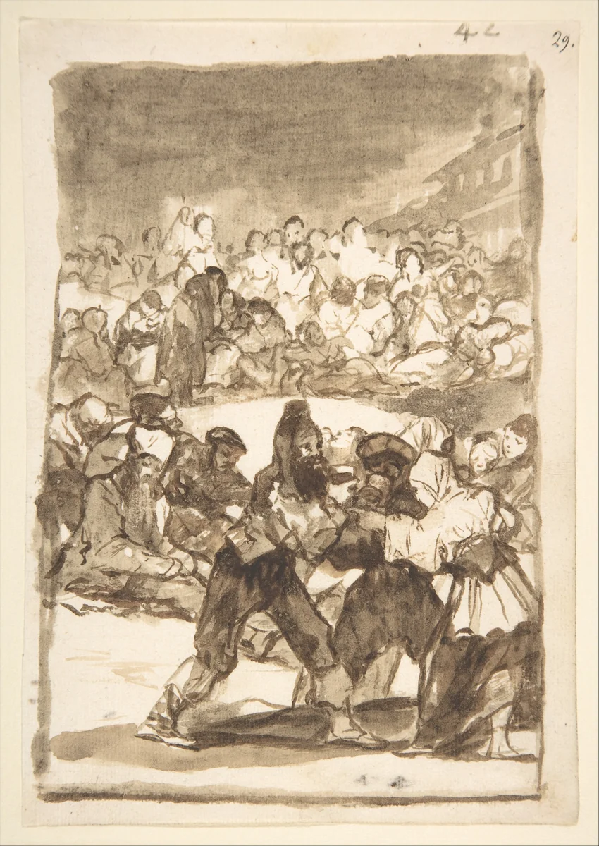 A crowd forming a circle; page 42 from the "Images of Spain" album (F) by Goya, drawing, 1807-1817