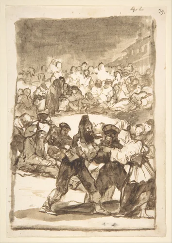 A crowd forming a circle; page 42 from the "Images of Spain" album (F) by Goya, drawing, 1807-1817