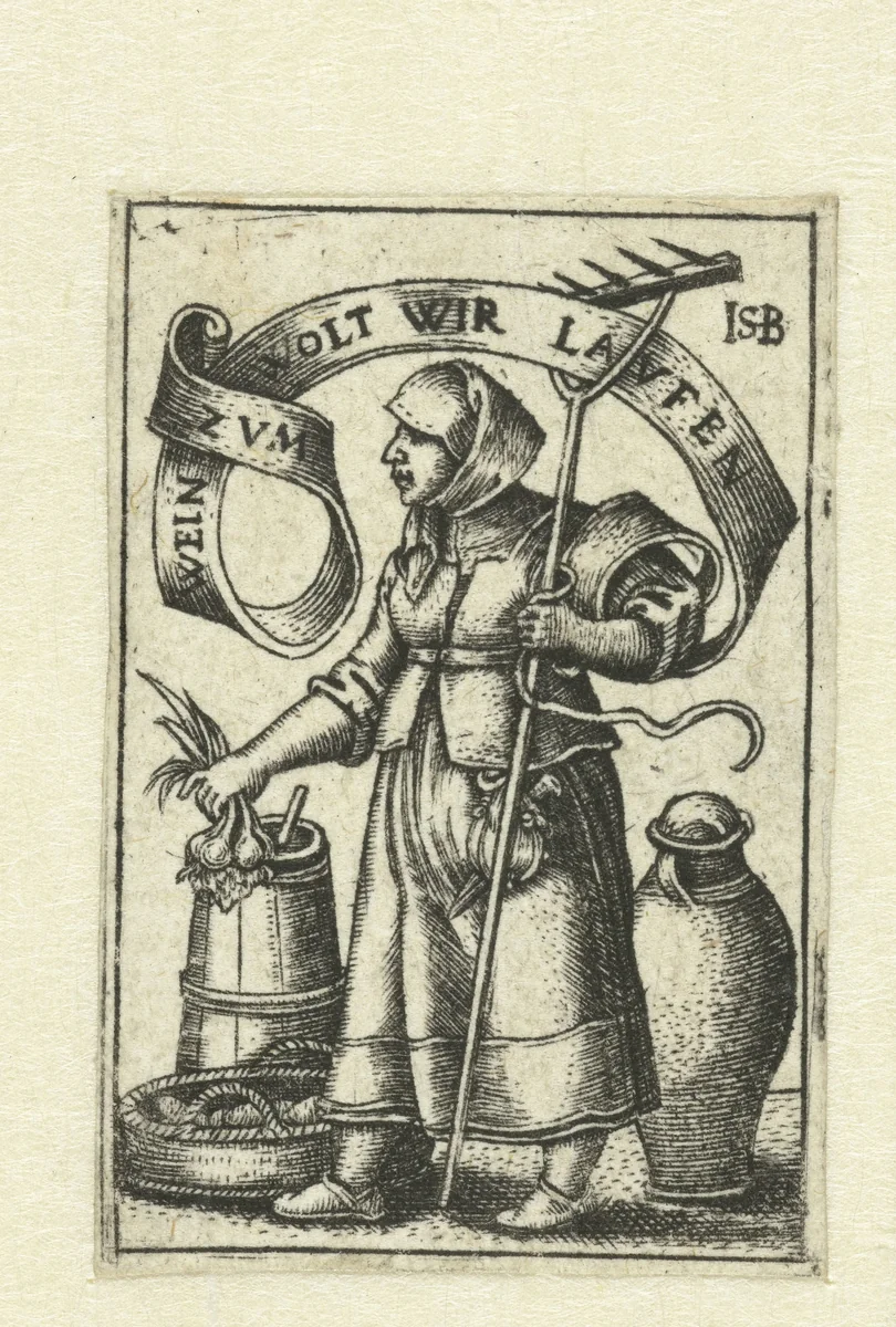 Boerin verkoopt haar produkten op markt by anonymous, print, 1510-1599