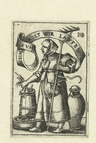 Boerin verkoopt haar produkten op markt by anonymous, print, 1510-1599