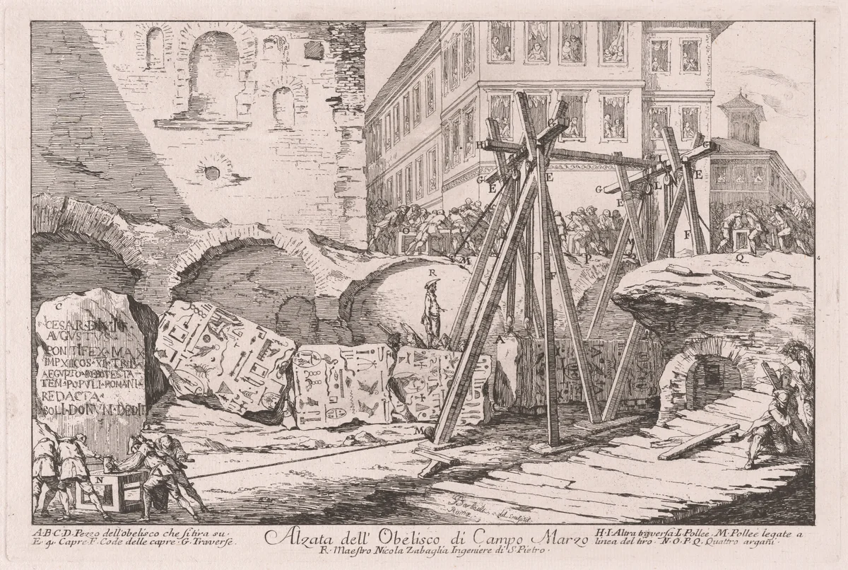 Alzata dell'Obelisco di Campo Marzio (Excavation of the Obelisk from the Campo Marzio) by Jean Barbault, print, 1748