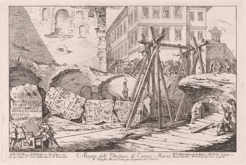 Alzata dell'Obelisco di Campo Marzio (Excavation of the Obelisk from the Campo Marzio) by Jean Barbault, print, 1748