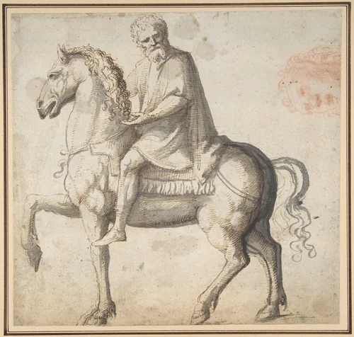Man on Horseback, Study of a Man's Head (recto); Head of a Young Woman (verso) by Marcello Fogolino, drawing, 1483-1548