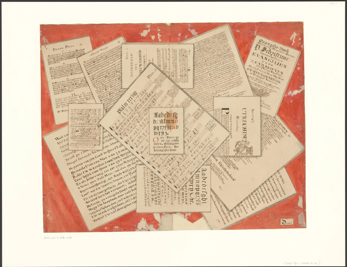 Schijnbedrieger met bladmuziek en ander drukwerk by Donker, drawing, 1763-1849