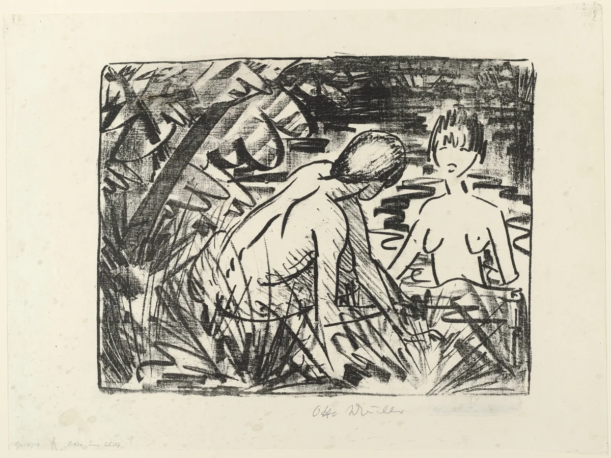 One Girl Bathing and the Other Sitting on the Shore (2) [Badendes und am Ufer sitzendes Mädchen (2)] by Otto Mueller, print, 1919