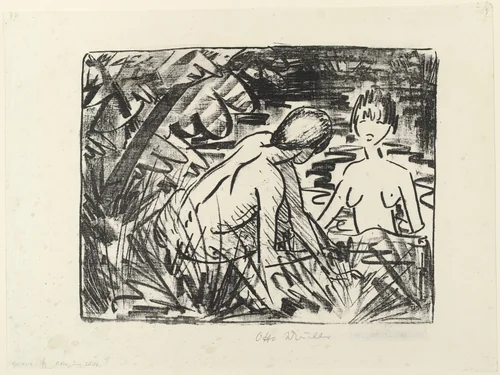 One Girl Bathing and the Other Sitting on the Shore (2) [Badendes und am Ufer sitzendes Mädchen (2)] by Otto Mueller, print, 1919