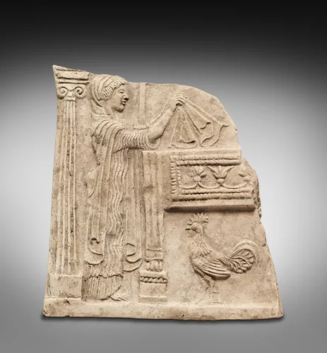 Votive Plaque (Pinax) with Persephone Making her Bridal Bed by Unknown, other, -490--450