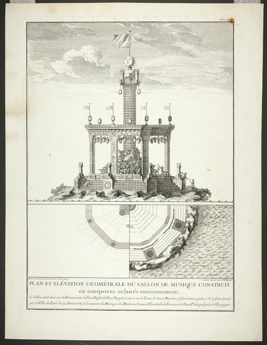 Plan and Elevation of a Music Room, plate three from Description des Festes Données par la Ville de Paris by Jacques François Blondel, print, 1740