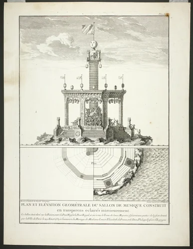 Plan and Elevation of a Music Room, plate three from Description des Festes Données par la Ville de Paris by Jacques François Blondel, print, 1740