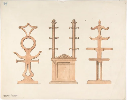 Design for Three Hat or Coat Racks by anonymous, drawing, 1815-1840