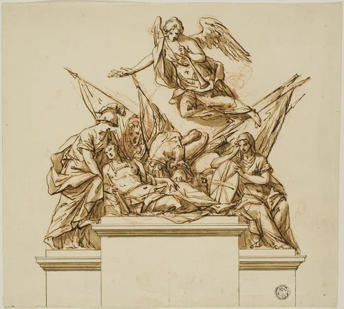 Warrior Accompanied by Britannia, Minerva, and Fame (recto); Design for the Monument to Nicholas Rowe (verso) by John Michael Rysbrack or Richard Wilson, drawing, 1728-1738