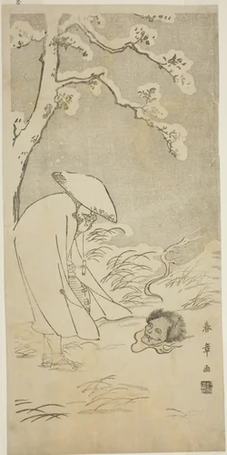 A Pilgrim Praying through the Night to the Buddha (kannenbutsu) is Startled by a Ghostly Head Lying on the Snow-Covered Ground by Katsukawa Shunsho (勝川 春章), print, 1763-1773